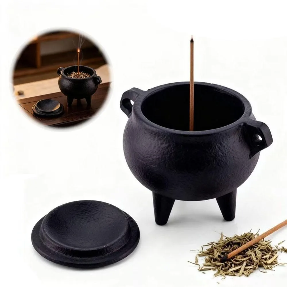 Cast Iron Incense Burner Stable Tripod Side Ring Handles Cauldron Censer Removable Lid Vintage Style Incense Stove Meditation