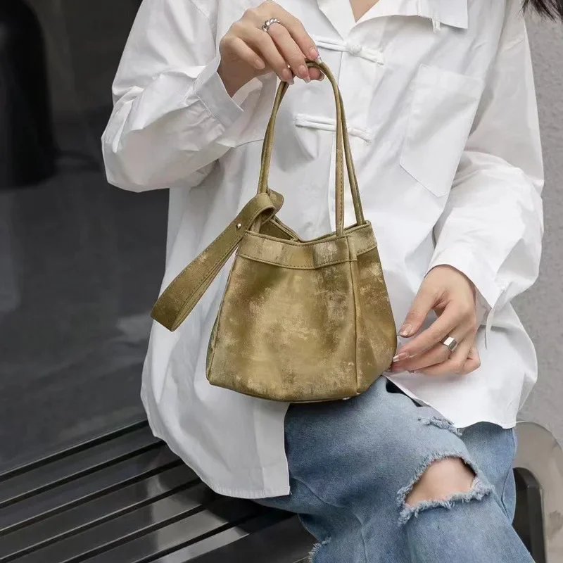 New Bucket Bag Retro Chinese Cowhide Small Square Bag Shoulder Crossbody Vegetable Basket Bag