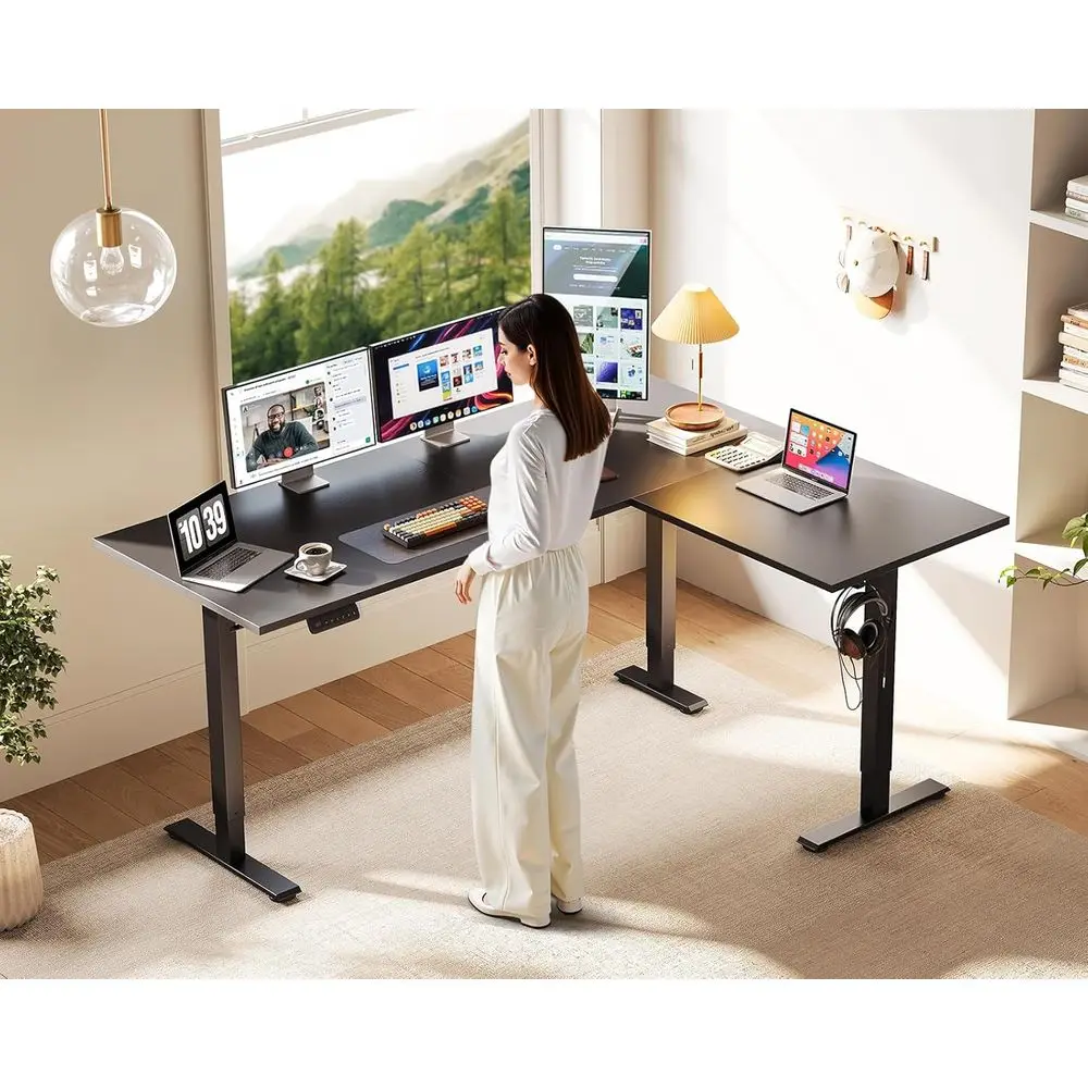 مكتب كهربائي مريح على شكل 63 لتر، ارتفاع قابل للتعديل، مكتب قائم زاوية كبيرة لمحطات العمل في المنزل والمكتب، أسود