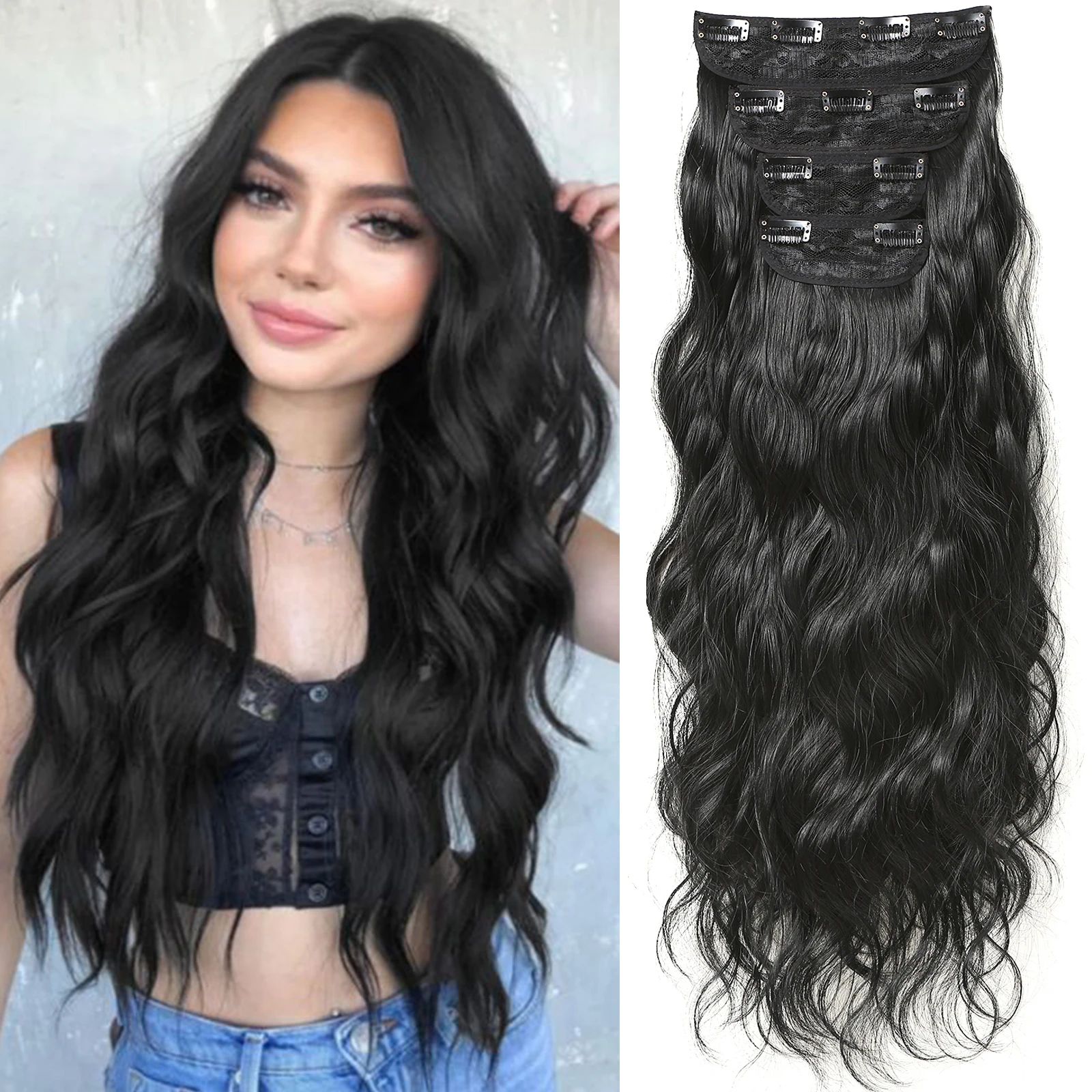 22Inch Black Synthetic Hairpieces 4pcs Long Wavy Hair Pieces 11 Clips in Hair Extension Natural Looking Heat Resistant for Women