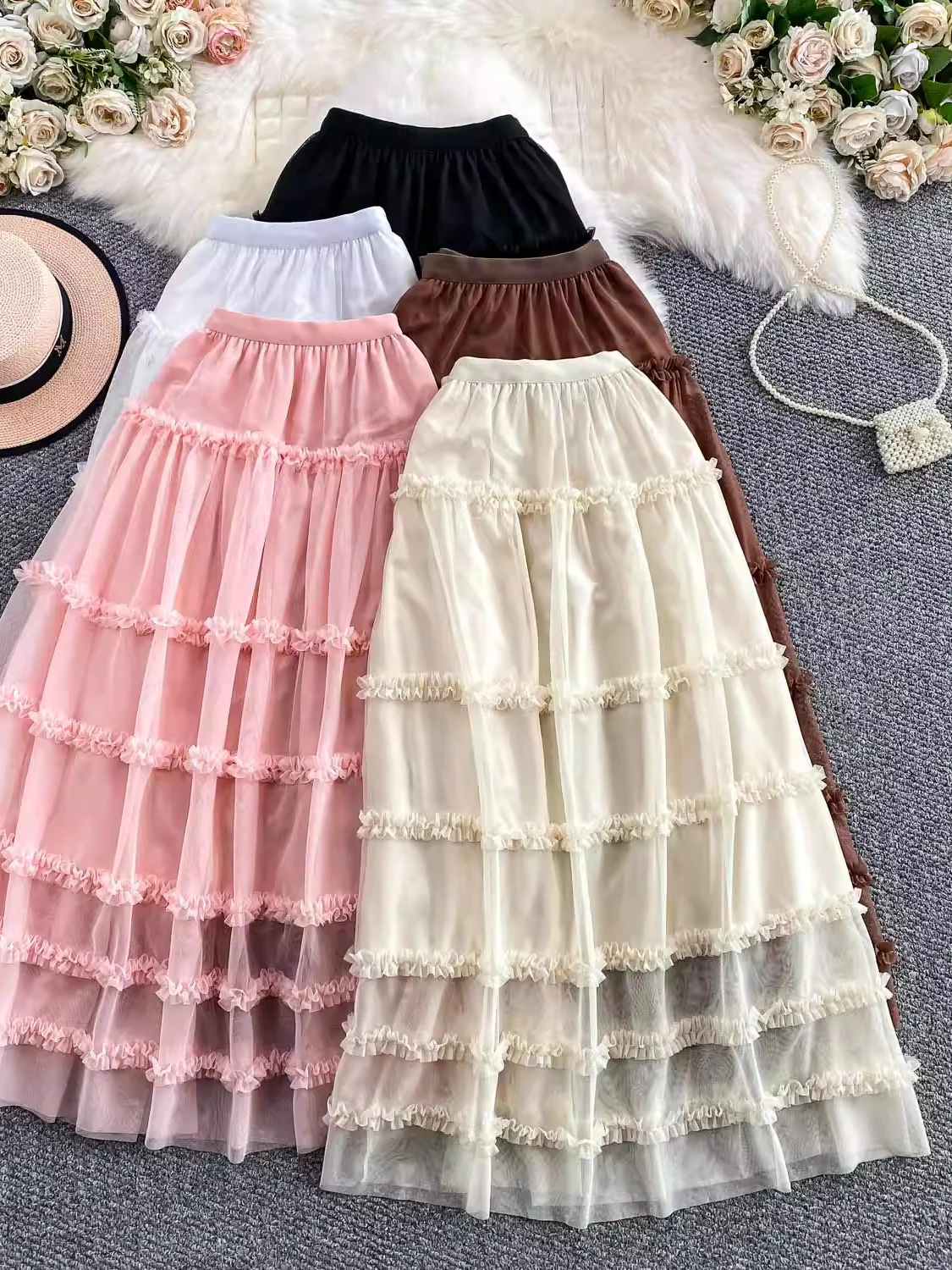 Ele Sweet Fairy Me f falda de cintura alta adelgazante 3D flor pastel falda larga mujer Otoño Invierno Faion Ci Commute