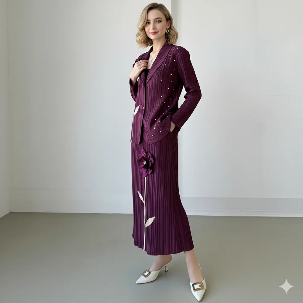 

Miyake Folds 2026 Sense of Luxury Women's Suit Two-piece Pleated Handmade Three-dimensional Floral Commuting A Whole Set Pleats