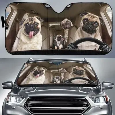 Funny Black and Tan Pugs Family Left Hand Drive Car Sunshade for Pug Mom, Pug Dogs Driving Auto Sun Shade for Pug Owner, Gift fo