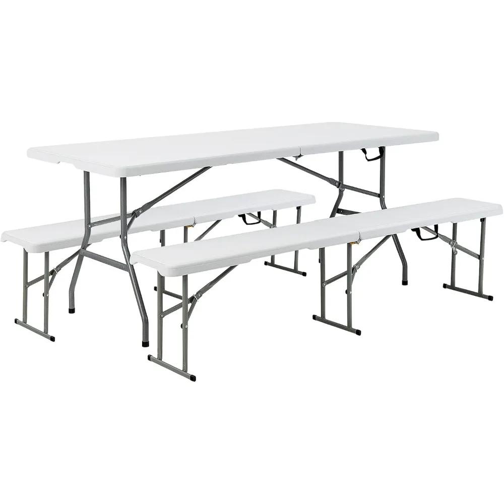 

Picnic Table Bench Set, Outdoor Folding Camping Table with 2 Long Benches HDPE Metal Legs BBQ Party Patio Lawn Garden (White)