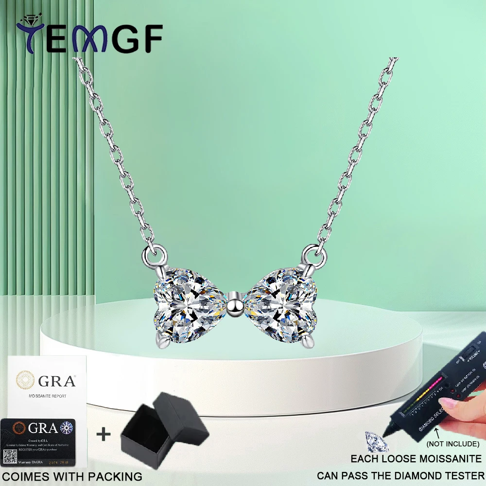 

TEMGF Double 6.5mm Heart Cut Moissanite Necklace S925 Sterling Silver Bowknot Pendant for Women Fine Jewelry GRA Certification