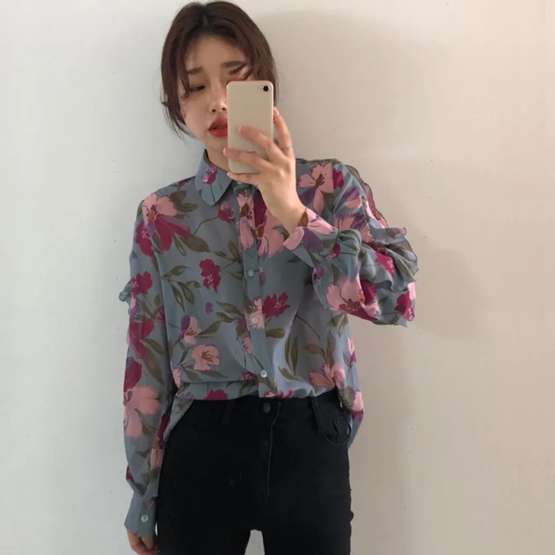 Women\'s Chiffon Shirt Floral Print V-Neck Long Sleeve Fashion Cozy Loose Blouse