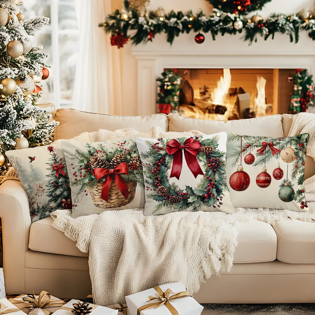 Winter Flower Basket Christmas Decoration Cushion Cover Throw Pillow Case for Home Merry Christmas Pillowcase Decoration Gift