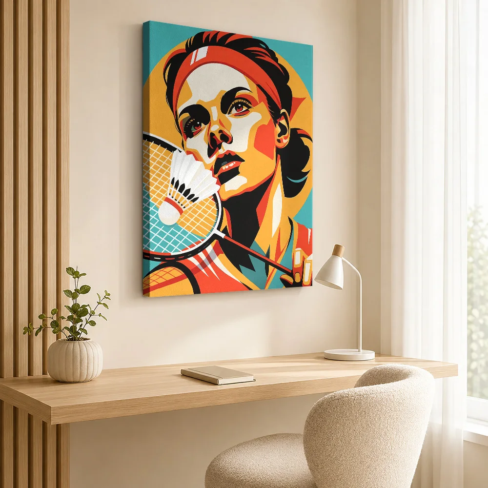 Badminton Player Portrait Framed Canvas Poster Custom Sports Portrait Wall Paintings Decoration for Office Gift for Collectors