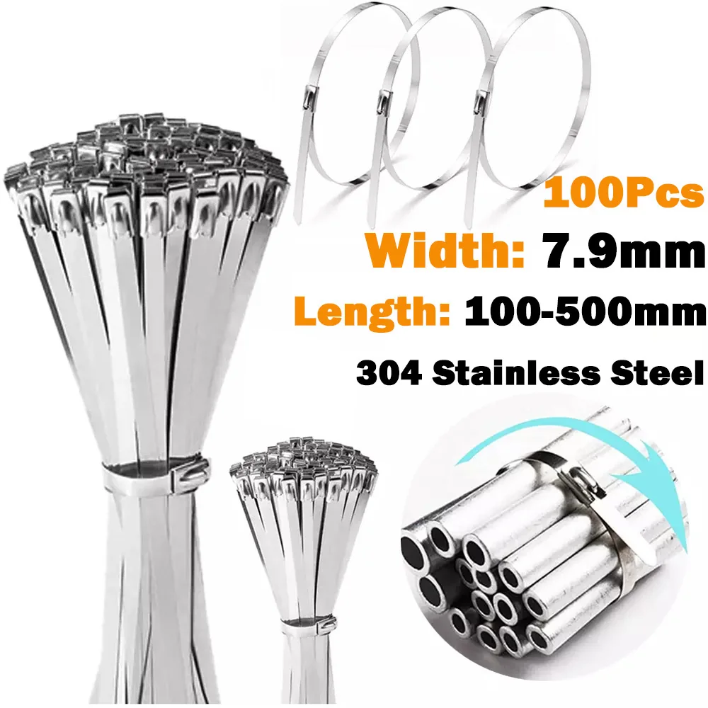 100Pcs Cable Ties 7.9mm 304 Stainless Steel Heavy Duty Self-Locking Cable Zip Tie Multi-Purpose Metal Exhaust Wrap Locking Ties