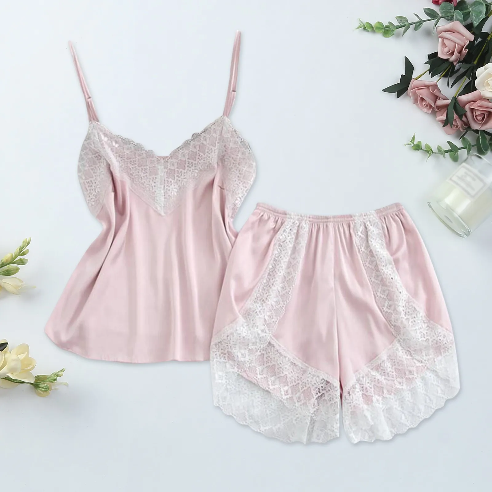 Pajamas Set For Women Lace Spaghetti Strap Top and Shorts Sets Silk Sleepwear Satin Pajama Suit Night Wear Summer 2024