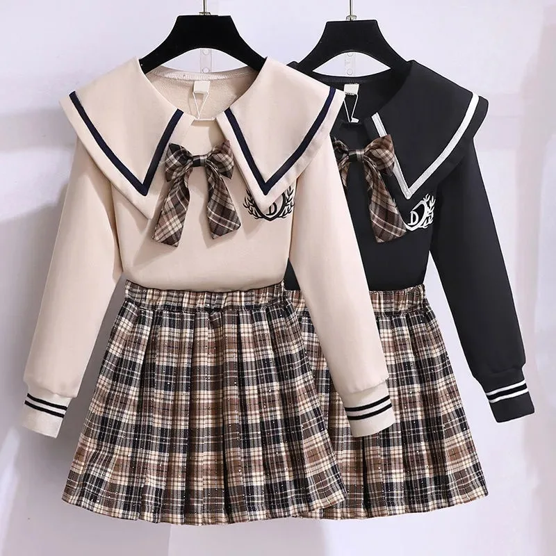 Korea School Uniform Autumn Blouse Shirt With Bow Tie High Waist Pleated Skirt 2PCS Japanese Style Student Skirt JK Outfits