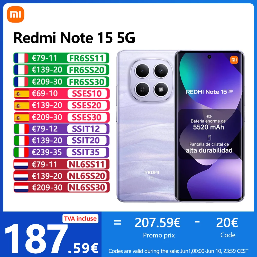 Xiaomi Redmi Note 15 5G,NFC,Écran AMOLED FHD+ de 6.77'',120 Hz,108 MP Caméra,5520 mAh Batterie,IP65