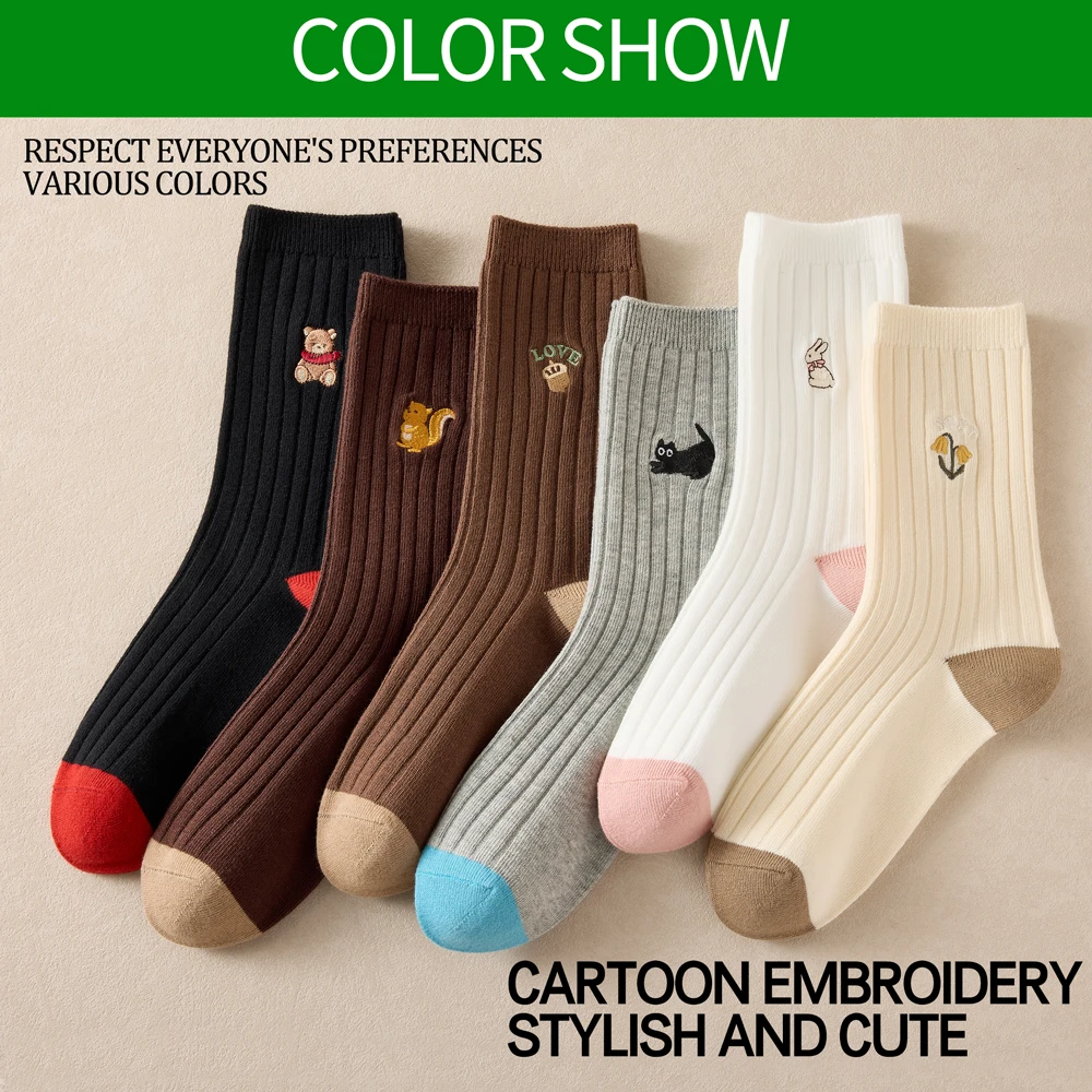6 Pairs Women's Cute Embroidered Mid Calf Socks Fall Winter Breathable Cotton Crew Socks Seamless Toe Anti Odor Stackable