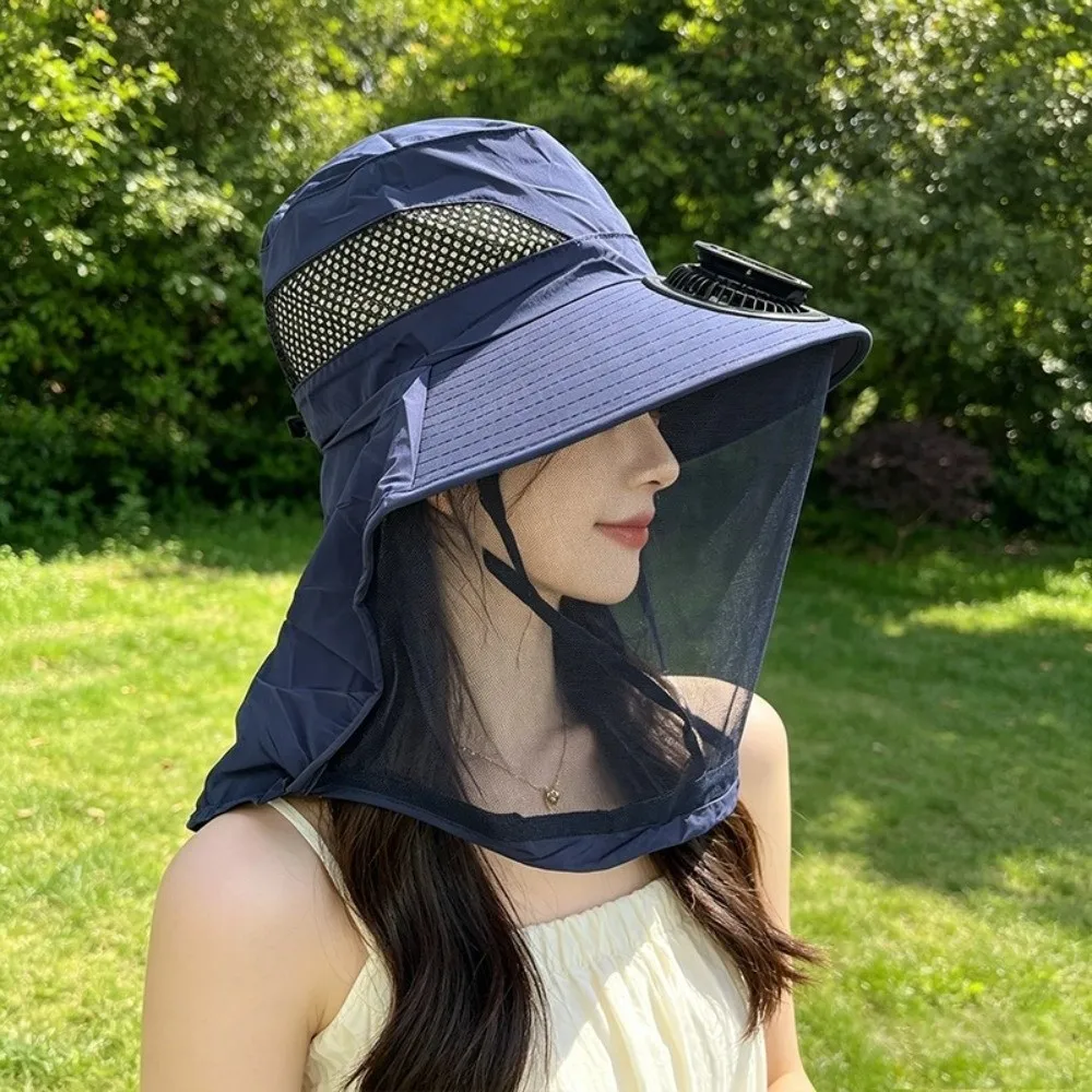 Portable UV Protection Solar Fan Hat Foldable Wide Brim Mosquito Head Net Hat Quick-Drying Sun Protection Sun Cap Summer