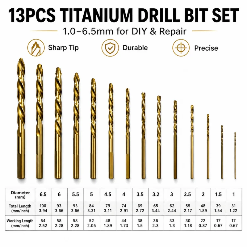 Multipurpose HSS Drill Bit Kit 13PCS 1mm-6.5mm Spiral Flute Sharp Cutting Bits for Woodworking Light Metal Model Making