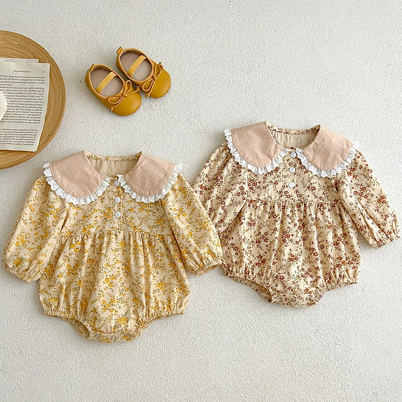 New Newborn Clothes Spring Toddler Baby Girl Romper Korean Baby Girl's One Piece Clothes Flower Ruffled Collar Climbing Clothes