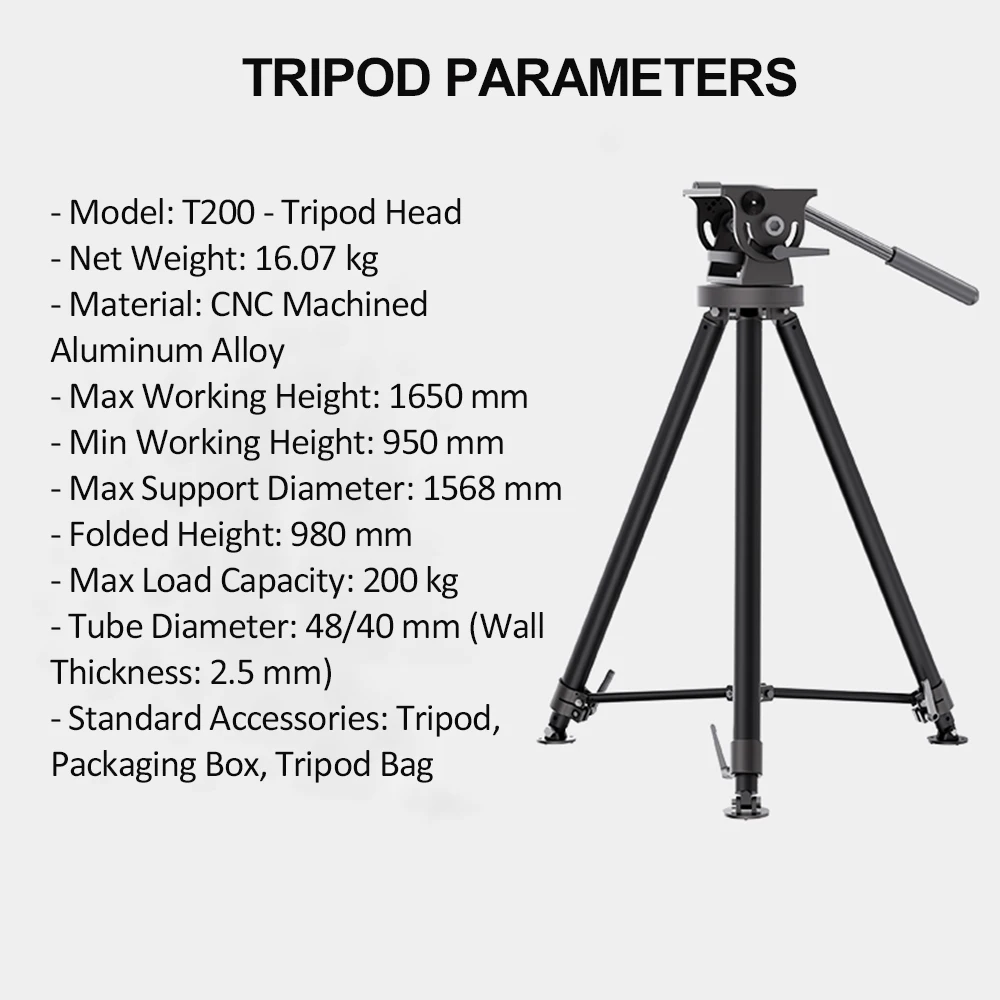 Industrial Heavy Duty Tripod Stand T200 200kg Bearing for Radar Antenna Communication Equipment I-Type Head Customizable