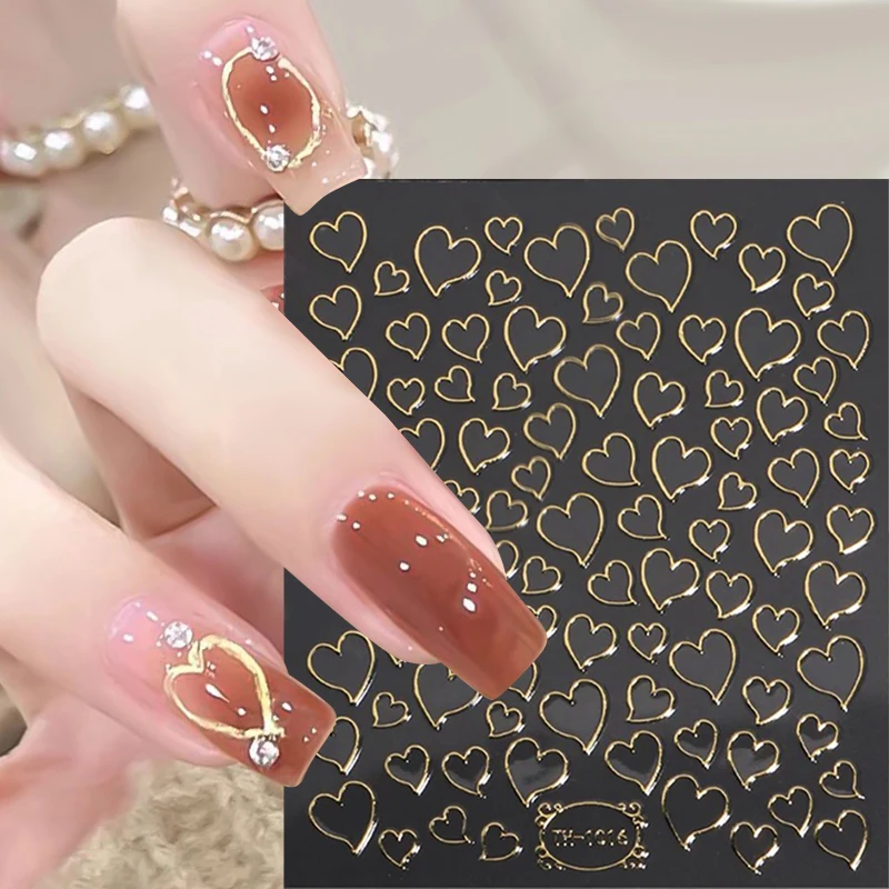 3D Gold Empty Heart Nail Art Stickers Sliver Hollow Heart Decals Golden Geometry Wave Lines Stripes Nail Decals DIY Accessories