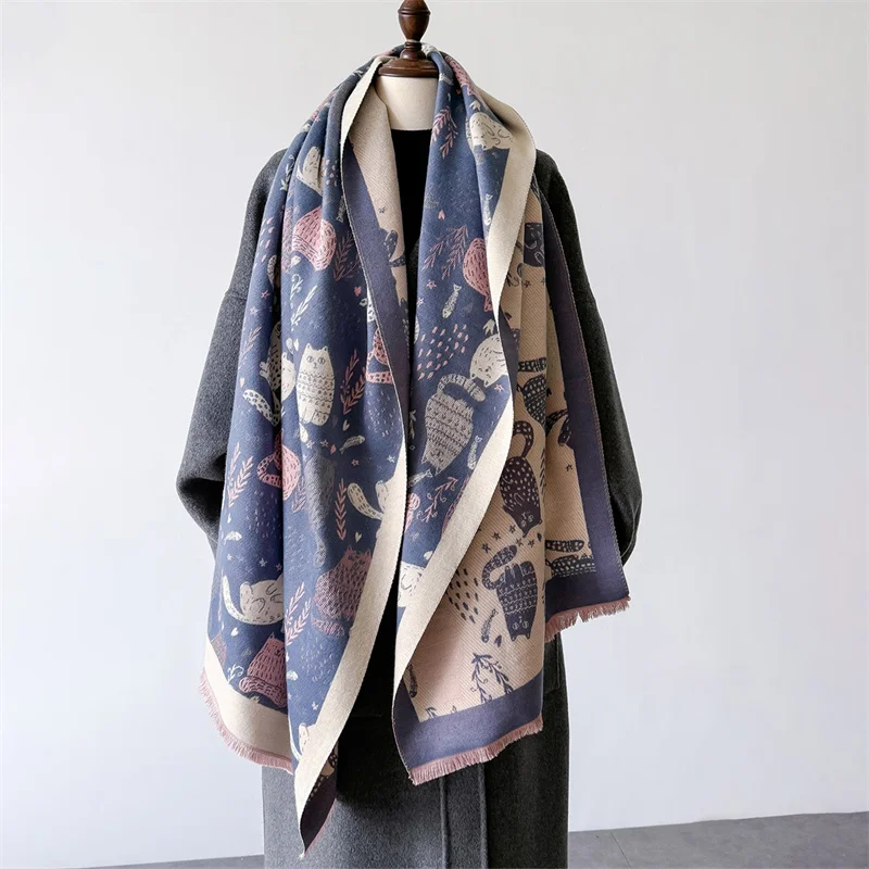 2024 Luxury Cat Print Cashmere Scarf Women's Winter Double-Sided Thick Warm Female Shawl Scarf Pashmina Scarves Hijab Stoles