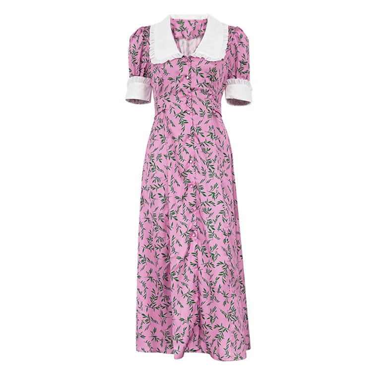 2025 Summer New Women V Neck Puff Short Sleeve Floral Pattern Long Dress , Woman High Waisted Ruffles Flower Printed Dresses