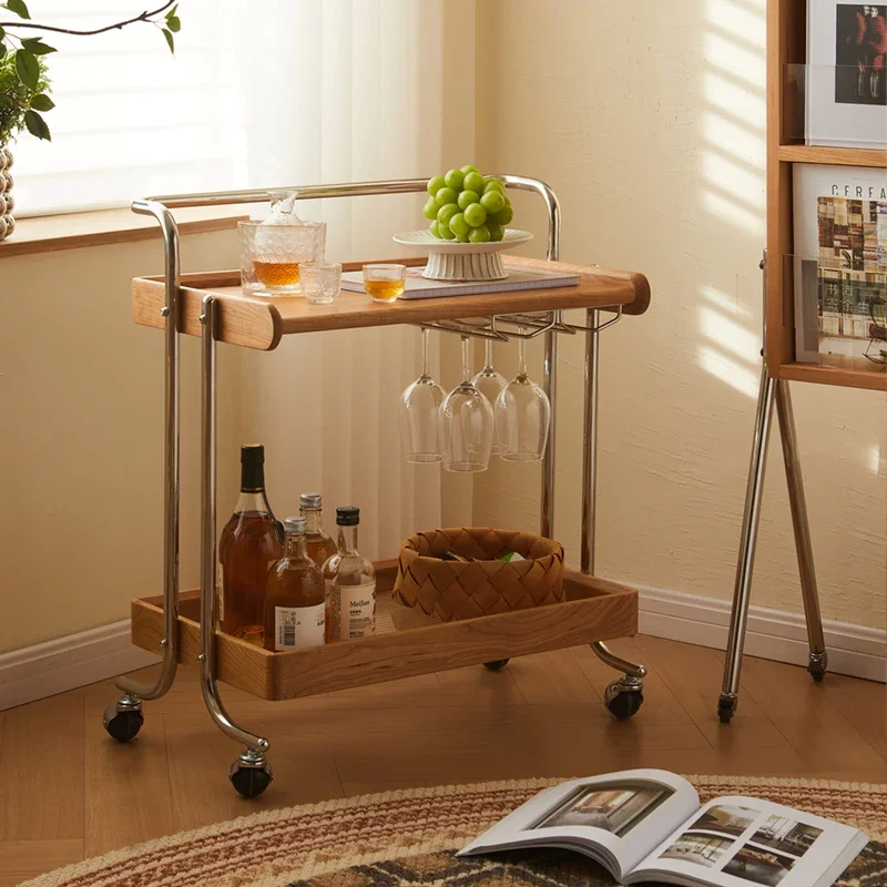 Living Room Furniture French Retro Vintage Solid Wood Cart Storage Rack Movable Trolley Bedside Side Table