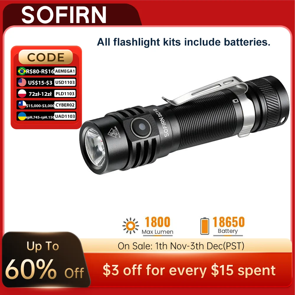 SOFIRN SC18 1800lm SST40 LED 18650 Torch TIR Optics Lens EDC Flashlight USB C Rechargeable Lantern