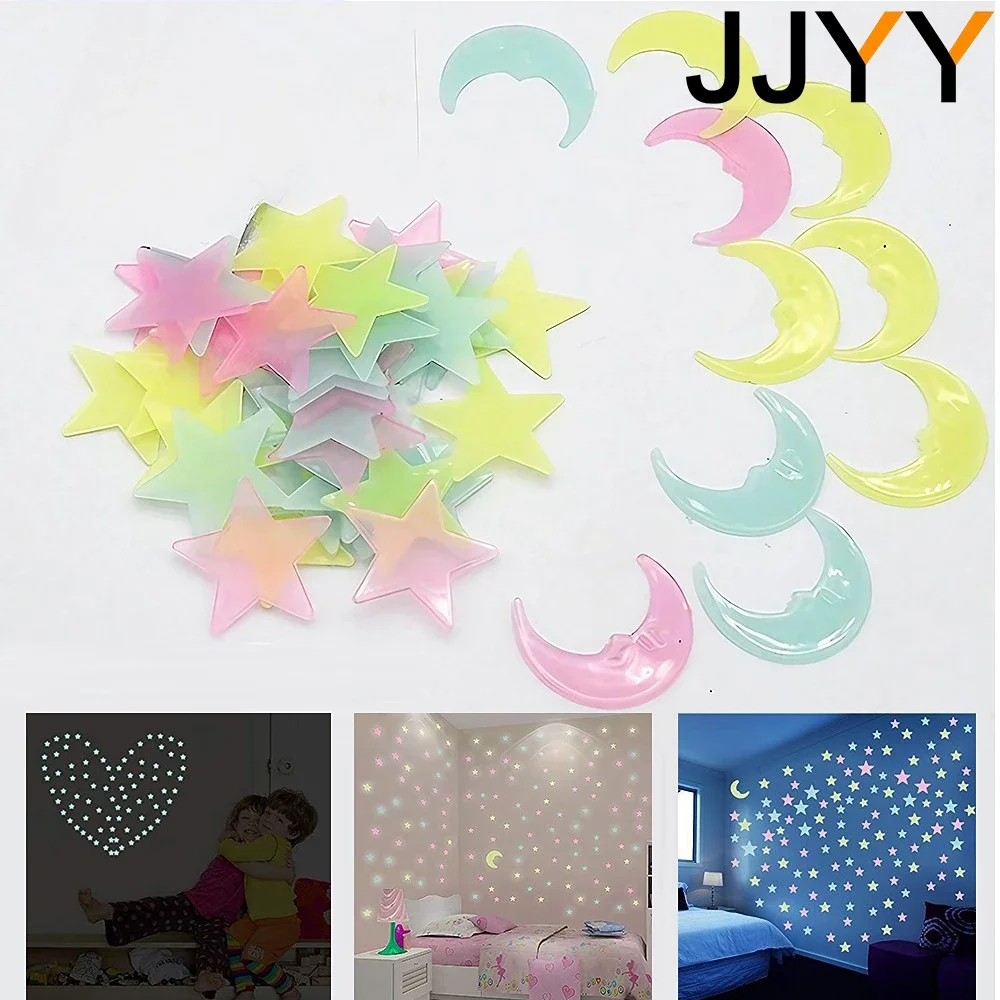 100Pcs Stars and The Moon Luminous Stickers Fluorescent Stickers Dormitory Home Childrens Room Decoration DIY  Wall Stickers