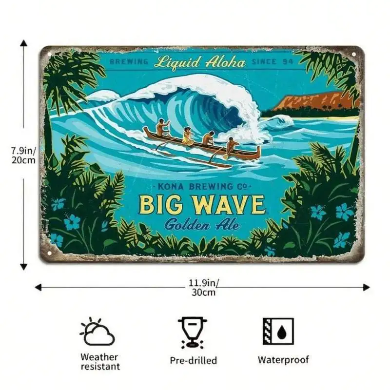 1pc Retro Tin Sign Metal Kona Brewing Co. Big Wave Golden Ale Metal Sign - 8x12 Inches Vintage Iron Wall Art, Suitable For Home,