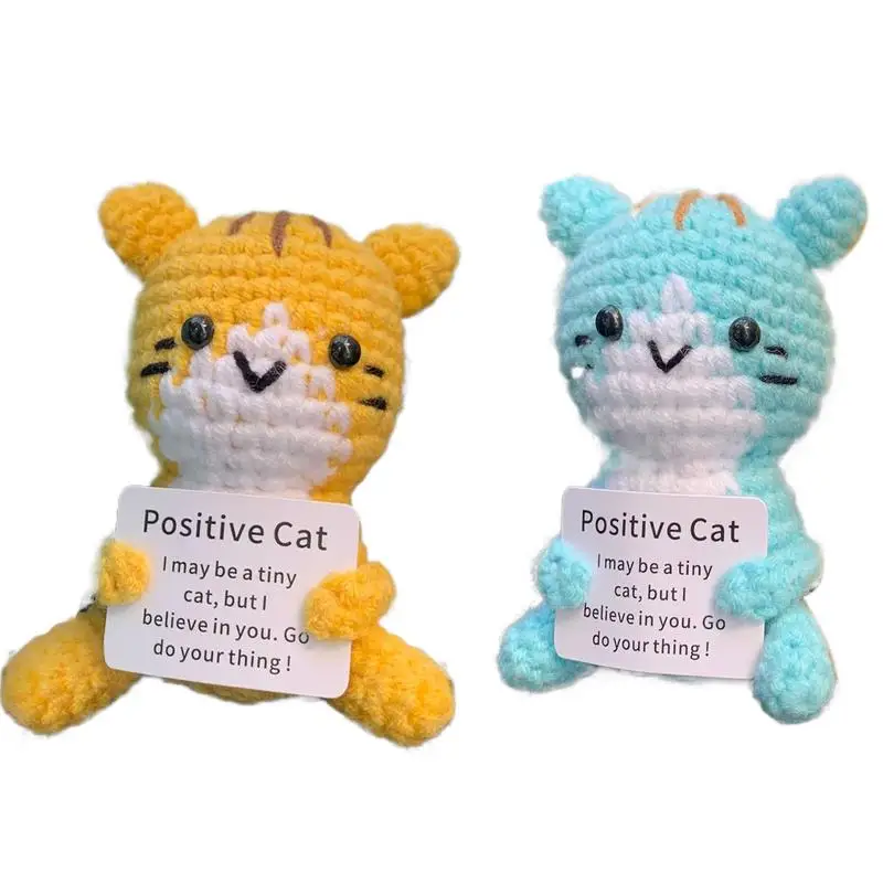 Positive Energy Cat Hug Pocket Mini Handmade Plush Wool Knitting Doll With Card Funny Christams Gift Home Room Decoration