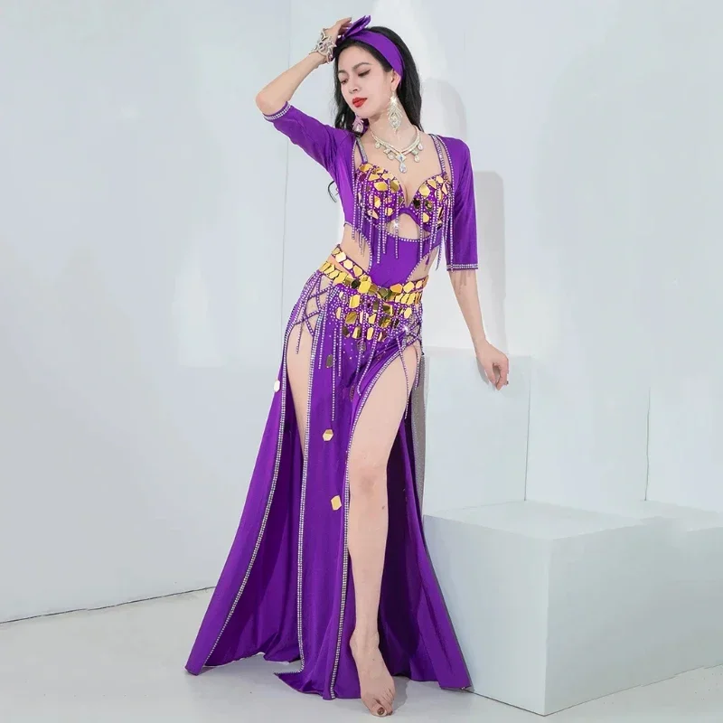 Belly Dance Performance Set Baladi Dress Women Tassel Bra Women Long Skirt 5 Pcs Set Oriental Sequins Dance Competition Costumes