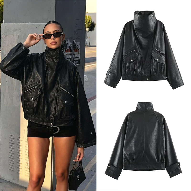 Guobioziy Women's Slim Fit Faux Leather Jacket 2026 Spring-Autumn Edition European Casual Fashion Trend Motorcycle Rock Street