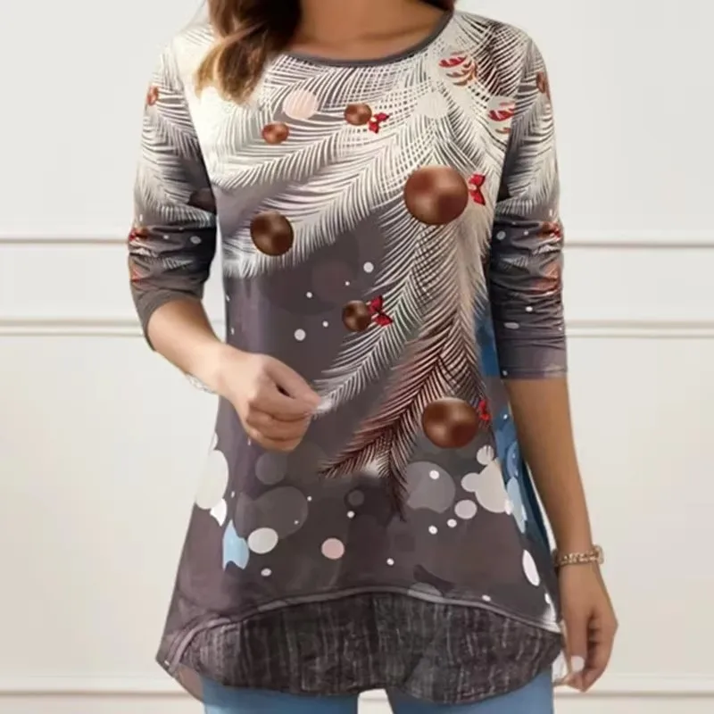 شجرة عيد الميلاد المرأة تي شيرت موضة س الرقبة طويلة الأكمام بلايز قمصان ثلاثية الأبعاد طباعة عادية Harajuku الإناث حجم كبير الملابس