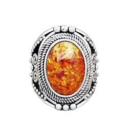 Oval Resin Simulated Ambers Rings For Women Flower Plant Antique Silver Plated Rings Fashion Jewelry TR681
