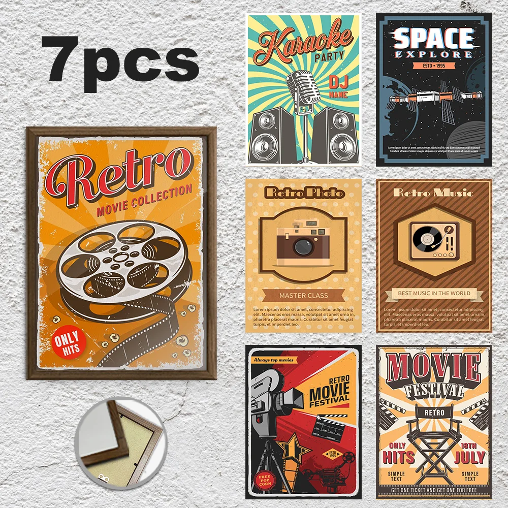 

7 шт. 12*16 дюймов, 1 с рамкой, 6 плакатов, музыка, камера, видеолента, микрофон, печать на холсте, ретро настенное искусство, домашний декор