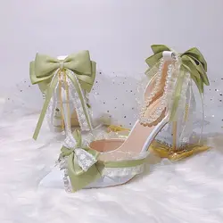 Lolita High Heels for Women 2024 Pearl Lace Green Designer Shoes lolita plus size Bridal heel original designer for women