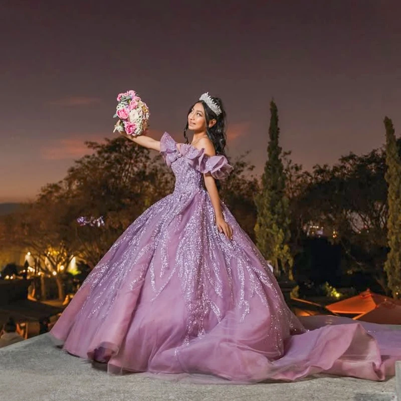 

Customized Purple Off Shoulder Quinceanera Dres Tull sequin applique beads Trailing Lace vestidos de 15 Quinceanera