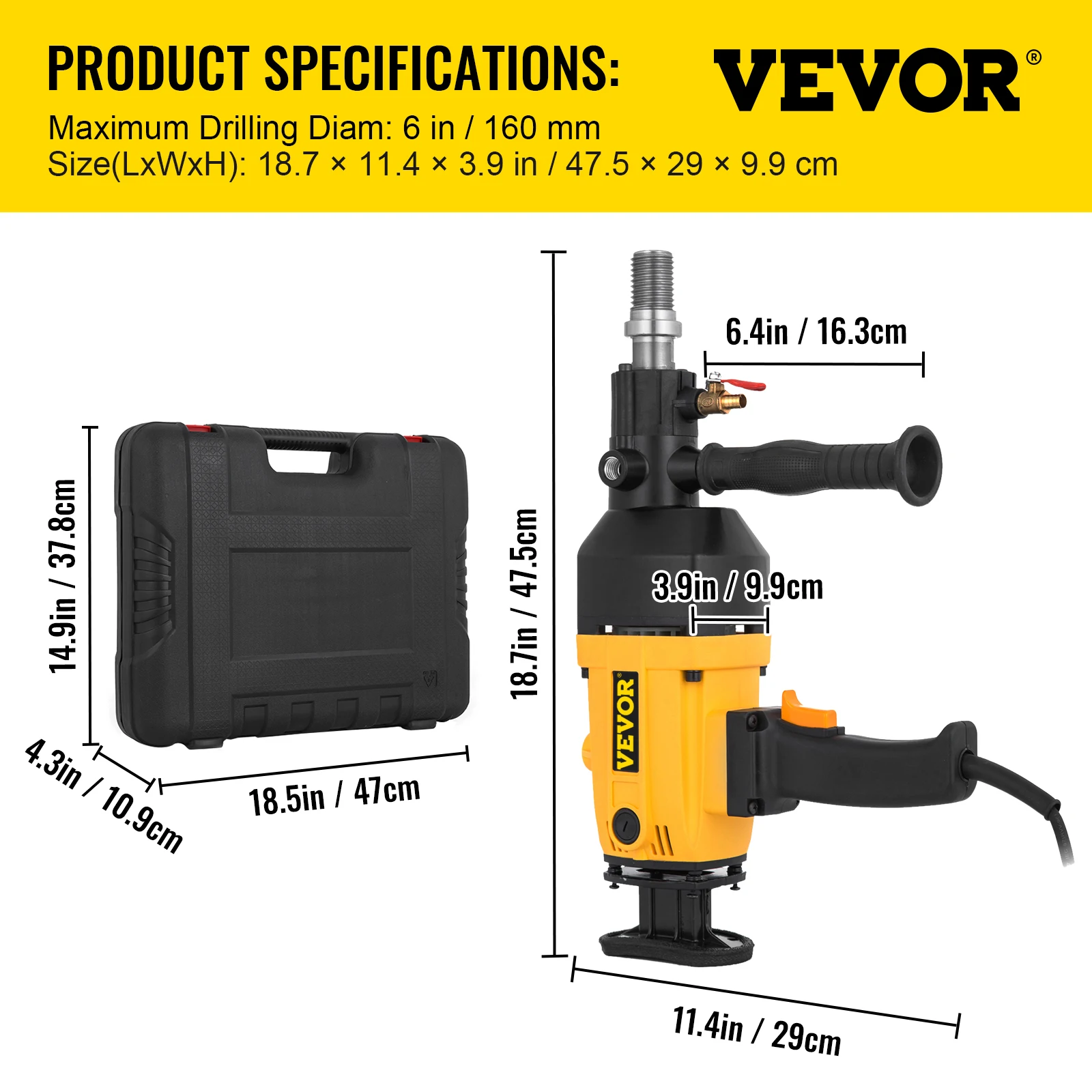 VEVOR Trapano Diamantato 2180 W 6"/160 mm 1600 giri/min a Velocità Variabile Carotatrice con Custodia Portatile Trapano Portatile per Pietra Dura, Cemento, Marmo, Granito, Mattoni