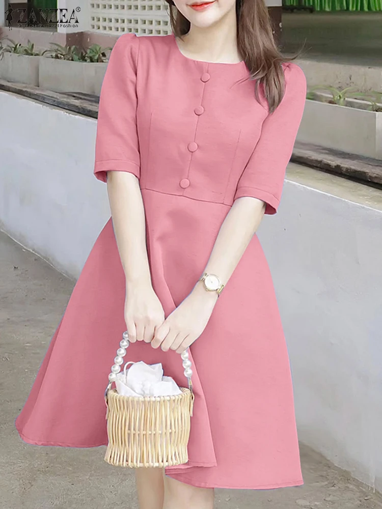 

ZANZEA Elegant Woman A-line Dresses Round Neck Half Sleeve Fitted Waist Knee-Length Robes Femme Summer Office Day Wear Vestidos