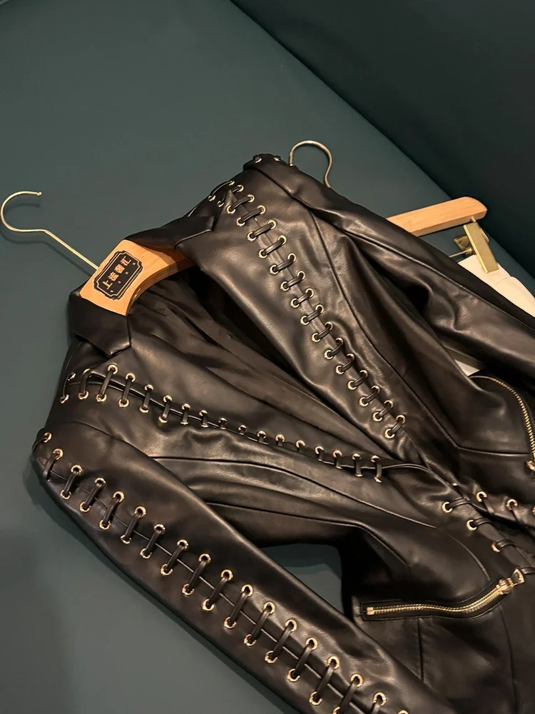 Faionable Heavyweight Rope-Bound Slim Fit Leather Jaet Suit Jaet New Winter 2025 Star Sle Commute Wind Synthetic