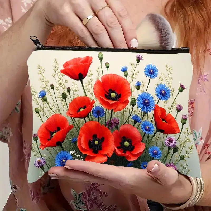 1PC Colorful Cosmetic Pouch Featuring Poppy Purple Pansies Prints Zipper Lightweight Makeup Bag for Women Beauty Case Coin Purse