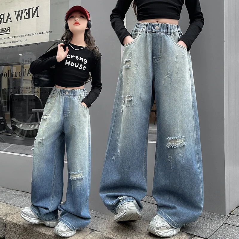 

Hot Sale Girls Ripped Distressed Jeans Baggy Wide Leg Pants with Stretchy Waist Gradient Denim Pants for Kids Children Age 5-14Y