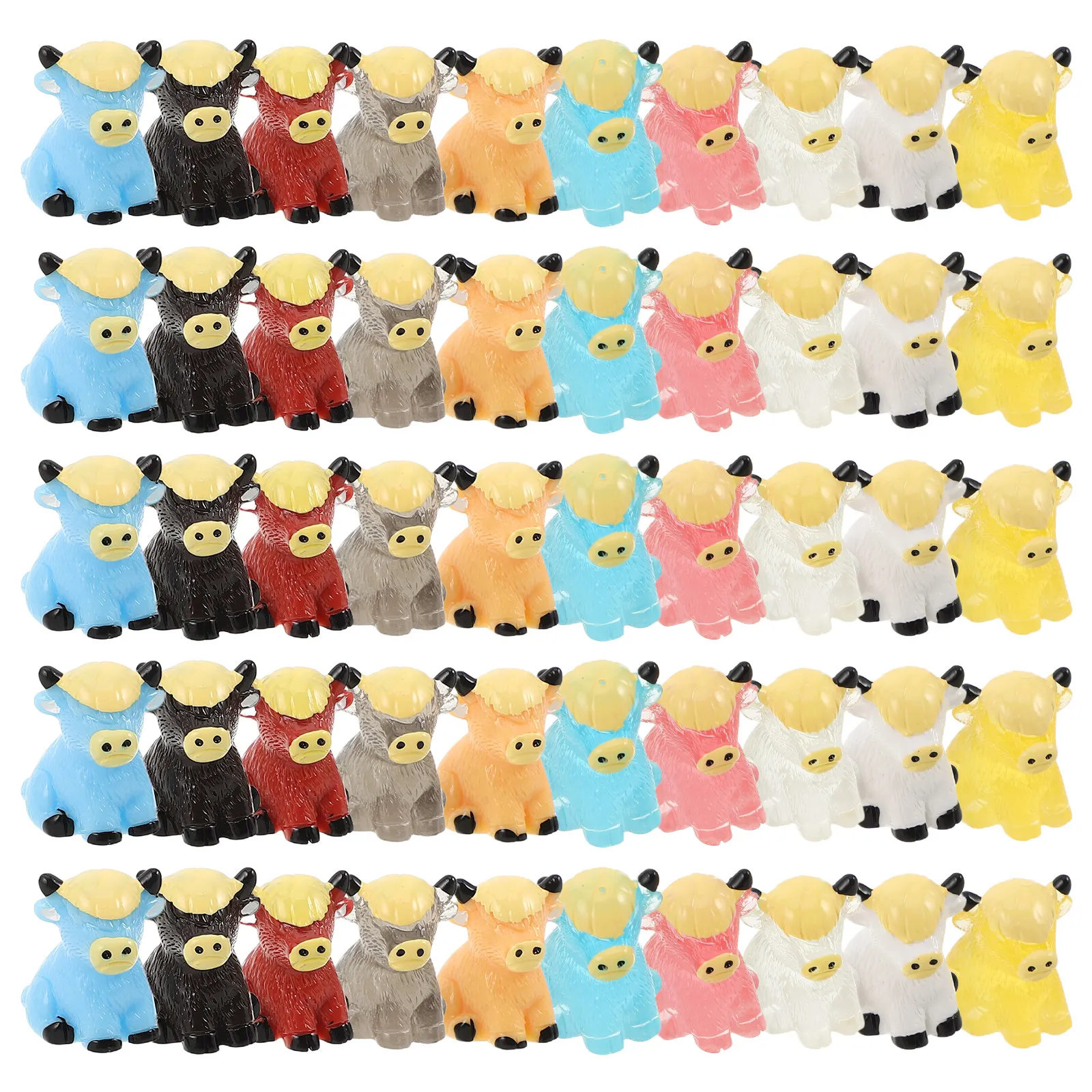 50Pcs Mini Highland Cow Resin Statues Assorted Colors Realistic Small Cattle Sculptures for Desk Shelf Garden Office Home Decor