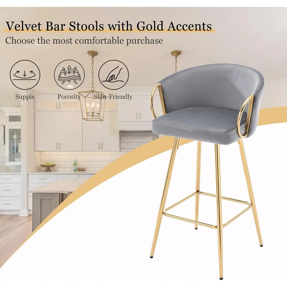 Velvet Bar Stools,Upholstered Kitchen Island Stools with Gold Legs,Modern Counter Height Bar Stools for Dinning RoomCafeHome Bar