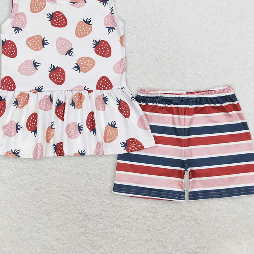 Completo estivo per neonata Top tunica fragola con pantaloncini a righe peplo Set senza maniche Set di abbigliamento per bambini