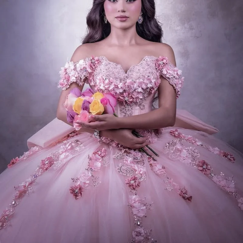 

Светло-розовое платье Quinceanera с открытыми плечами, кружевное многослойное 3D цветочное наклейка, длинный хвост, бант, платья de 15, Quinceanera ﻿ Индивидуальный