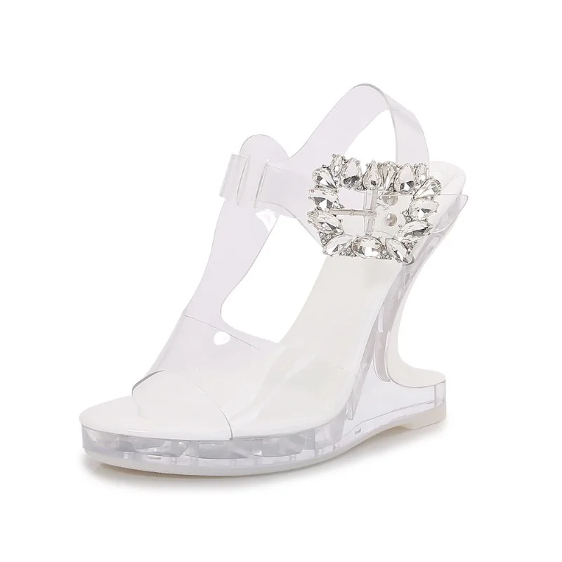 12 سنتيمتر بولي كلوريد الفينيل شفافة كريستال كعب الصنادل المرأة الجديدة حجر الراين مشبك حزام عالية الكعب على شكل خاص كعب القطب أحذية الرقص