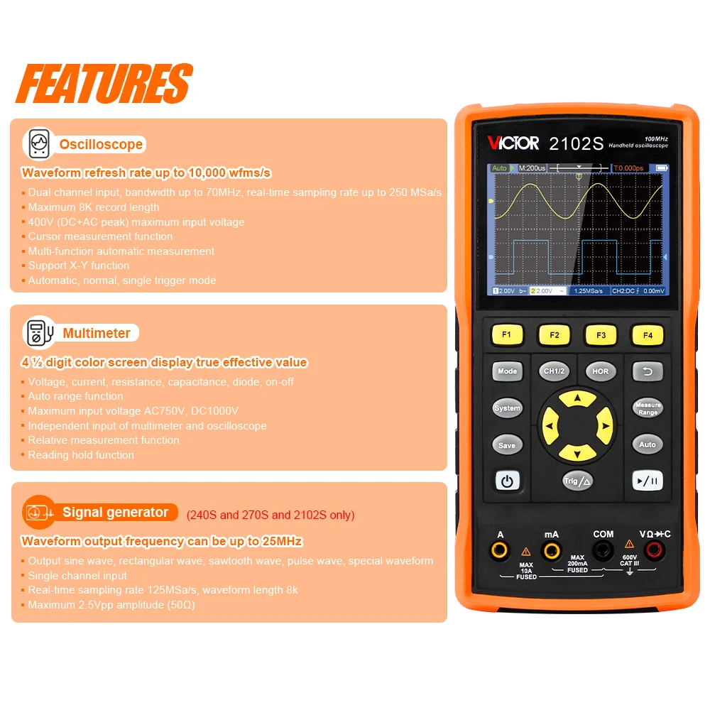 Victor 240 Oscilloscope Multimeter Waveform Generator 3-in-1 2CH 70MHz Bandwidth 20000 Counts LCD Handheld Digital Scope Meter