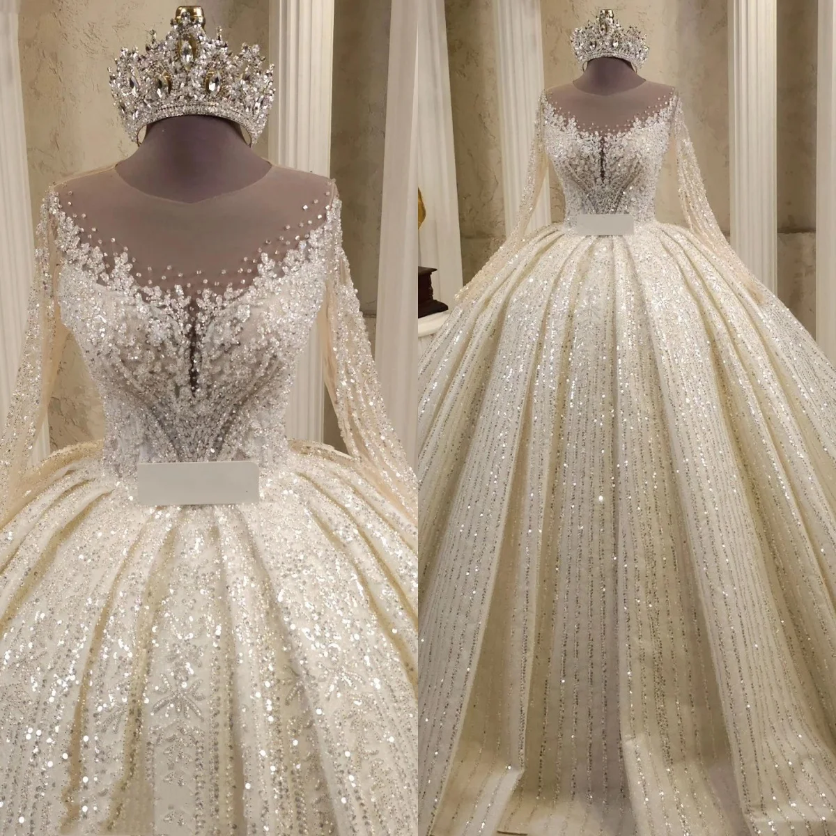 

Elegant Sequins Wedding Dresses Beading Bridal Ball Gowns O Neck Long Sleeves Princess Sweep Train Customized Vestidos De Novia