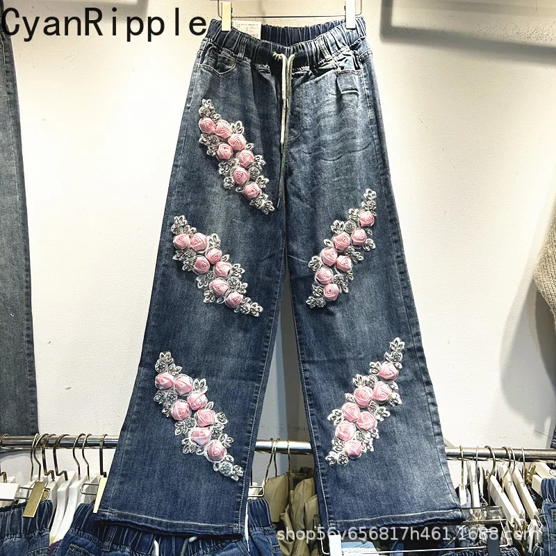 High Quality Three-dimensional Flowers Diamonds Wide Leg Jeans Women All-match Elastic Waist Floor-length Straight Denim Pants