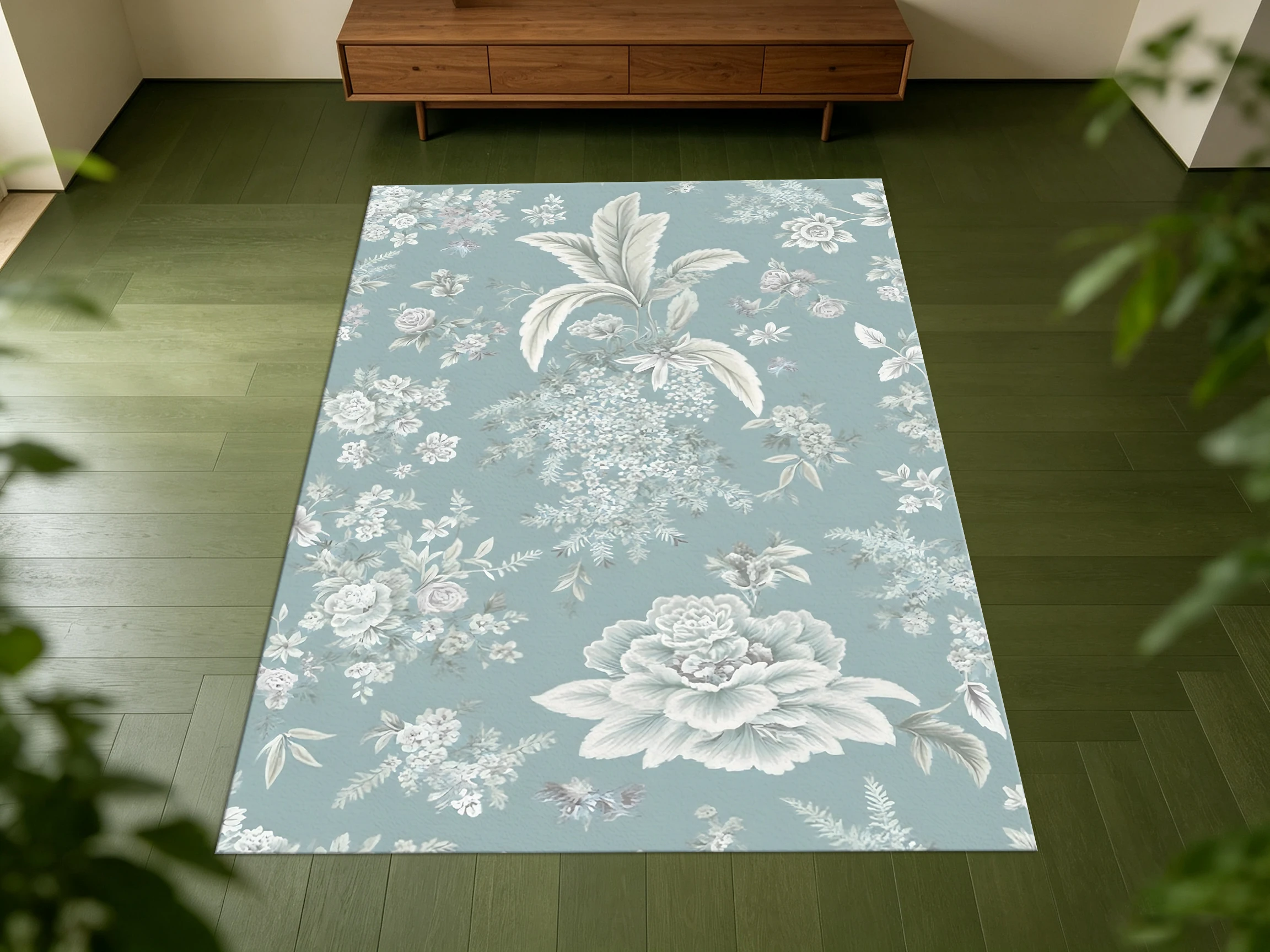 2D Large Carpet with Light Blue Background and Soft Floral Pattern, French Style, Perfect for Living Room and Bedroom Flooring, Instantly Refreshes Autumn and Winter Decor